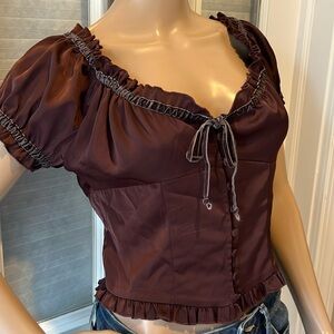 NWT urban outfitters burgundy silky corset style button up cropped peasant top